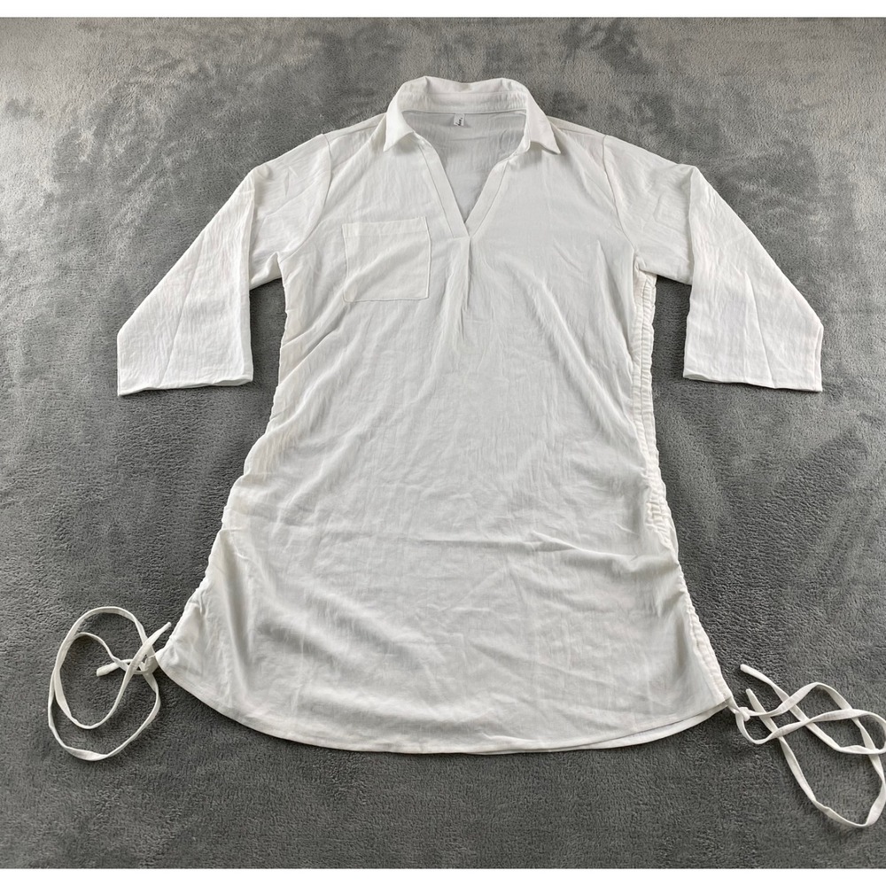 Fashion White Gauze Tunic Top Womens Small Ruched Side Tie Roll Tab Slv V-Neck